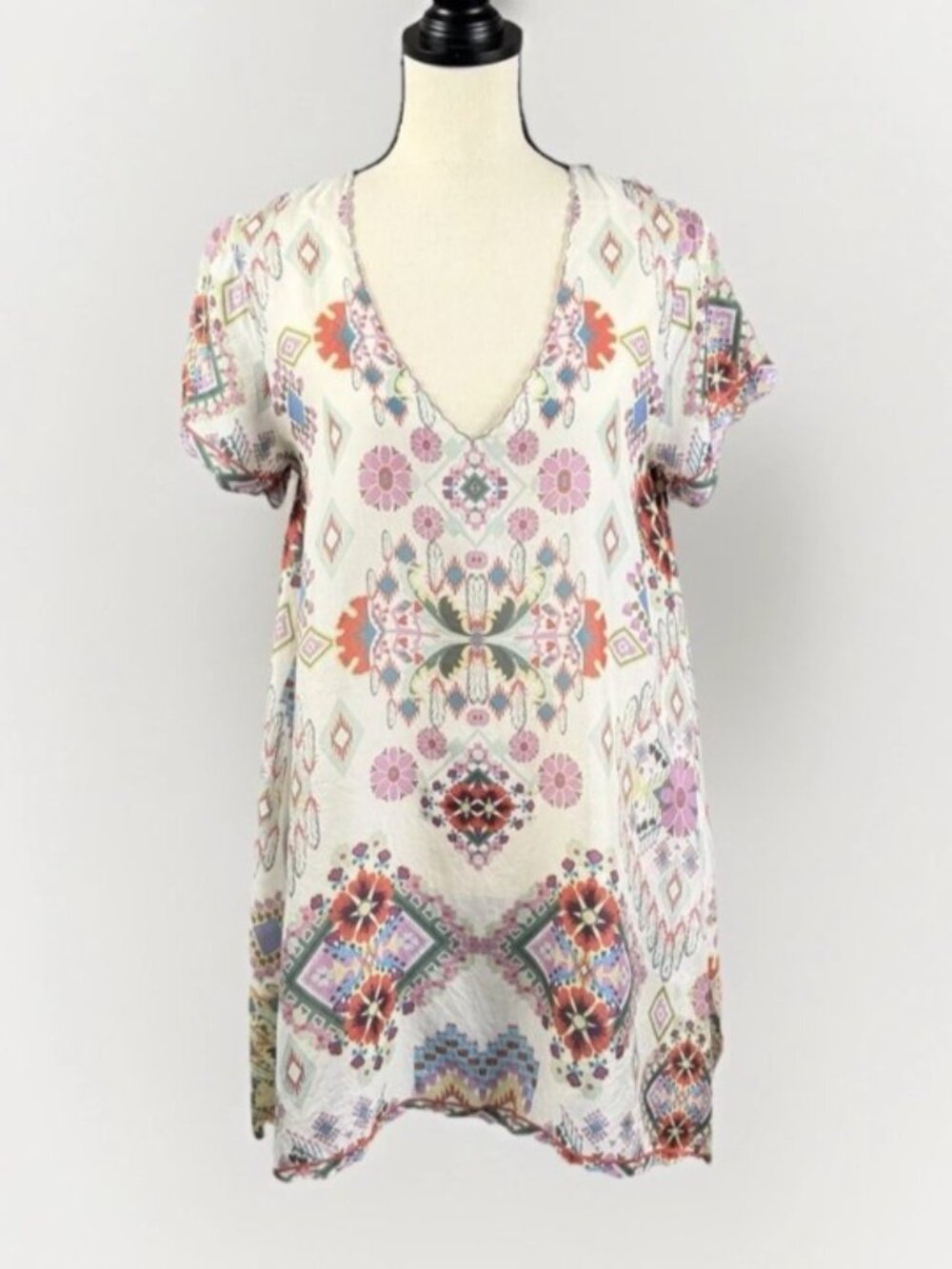 Johnny Was Multicolor Floral Silk Tunic Dress V-neck Sz XS Boho Ethereal Luxury